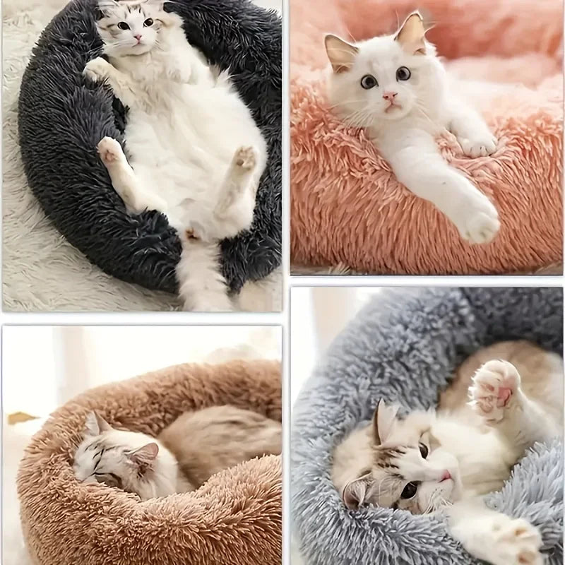 Soft Donut Cat Bed – Fluffy Plush Round Mattress for Cozy Comfort