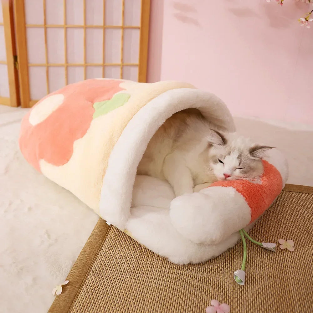 Japanese Sakura Cat Bed – Warm Winter Sleeping Bag with Cushion & Pillow
