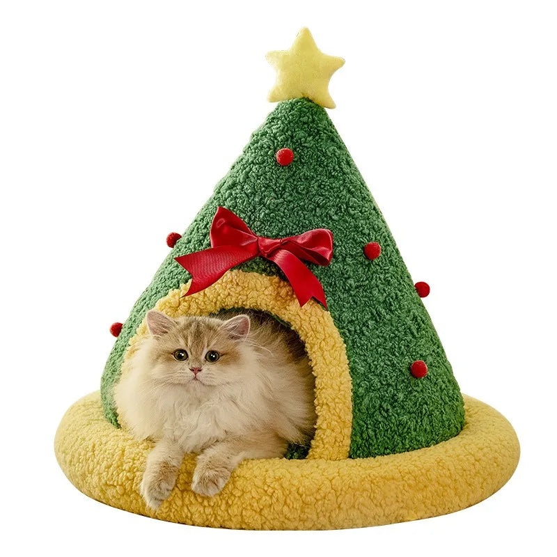 Christmas Pet Bed – Warm Semi-Enclosed Cat House, Non-Collapsible Design