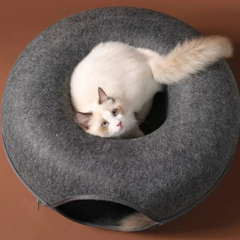 Felt Donut Cat Bed – 2-in-1 Hide & Play Tunnel for Cats