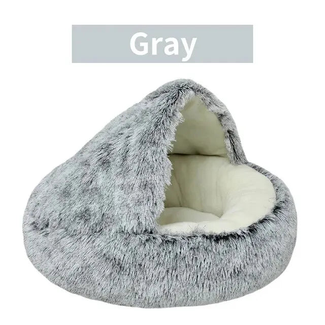 Plush Hooded Pet Bed – Round Fluffy 2-in-1 Nest for Cats