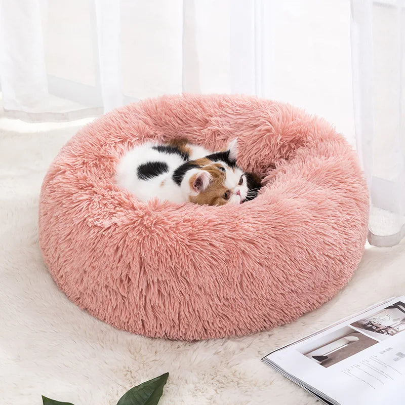Soft Donut Cat Bed – Fluffy Plush Round Mattress for Cozy Comfort