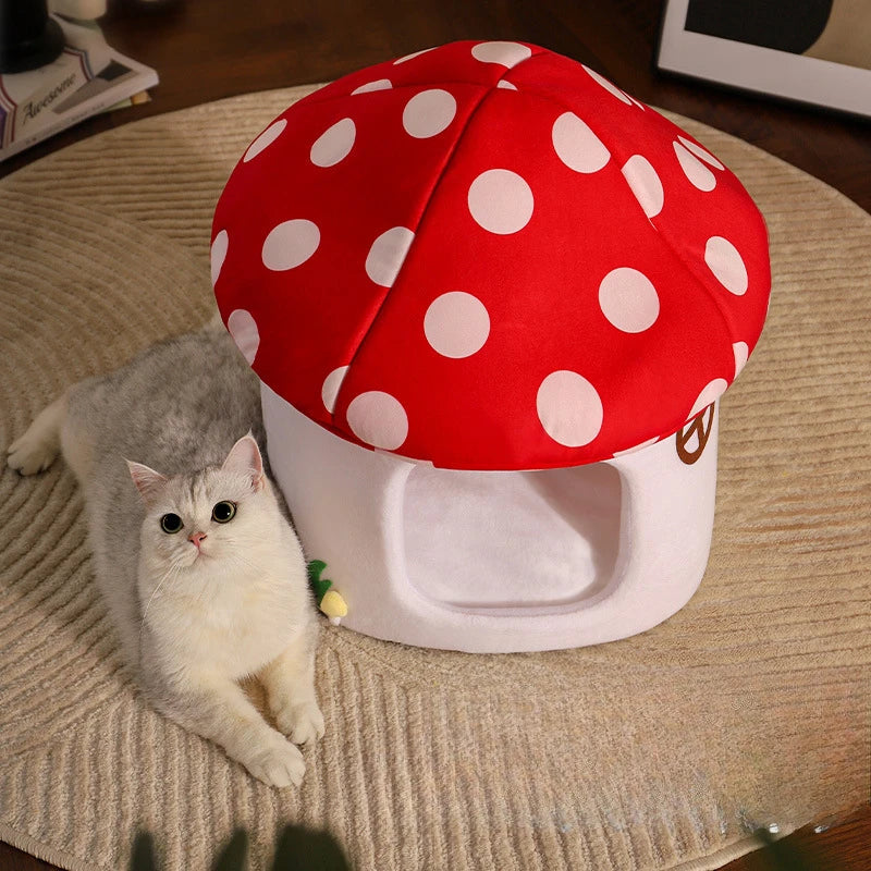 Half-Enclosed Mushroom Cat Bed – Adorable Cozy House for Cats