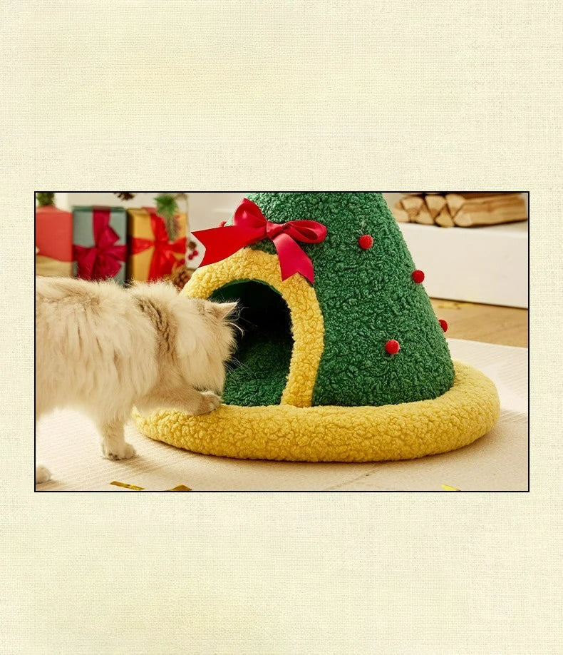 Christmas Pet Bed – Warm Semi-Enclosed Cat House, Non-Collapsible Design