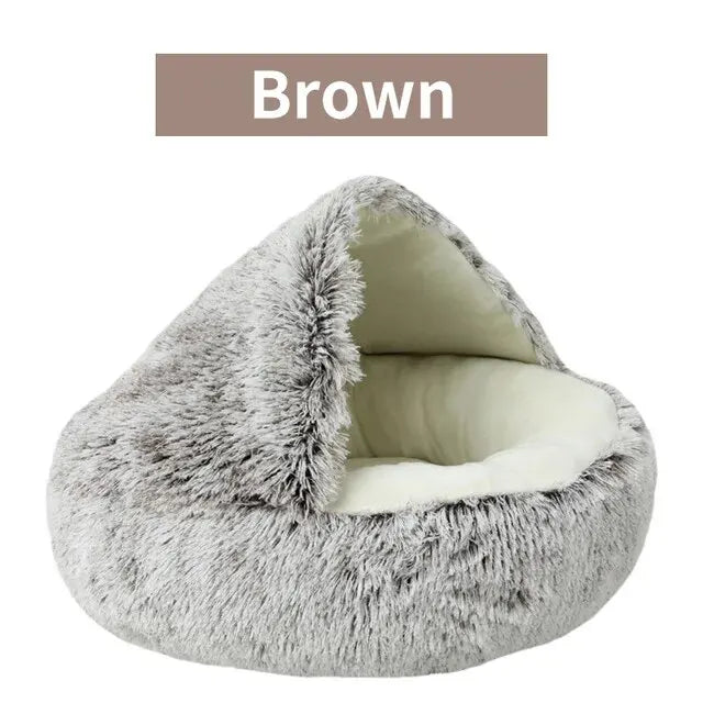 Plush Hooded Pet Bed – Round Fluffy 2-in-1 Nest for Cats