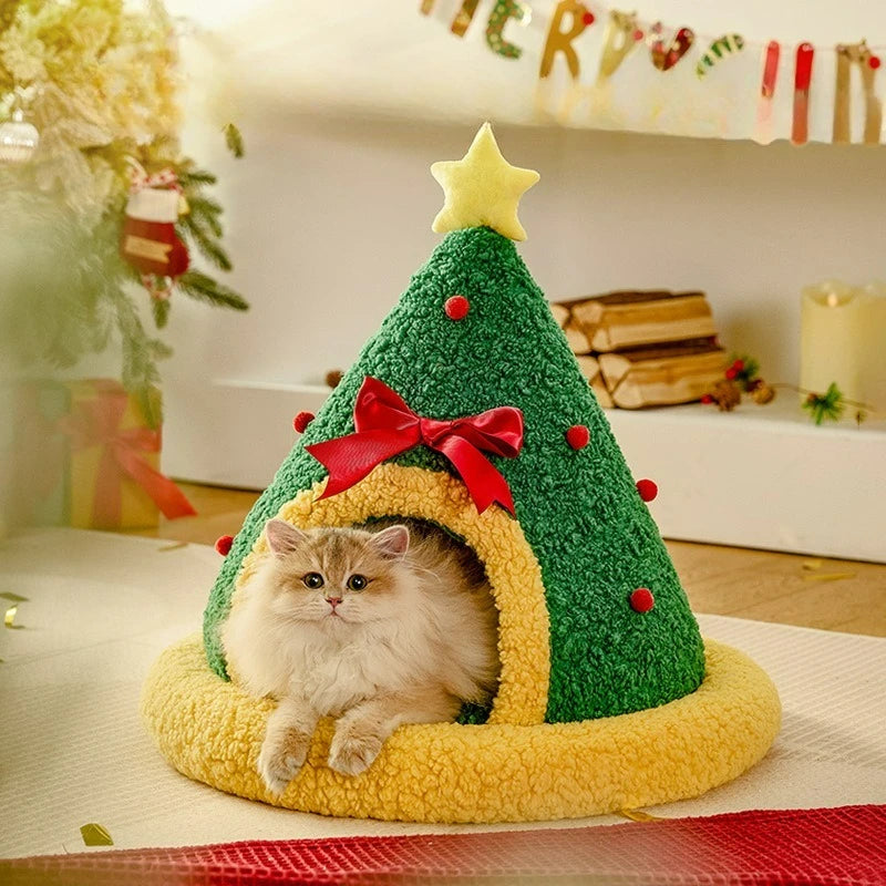 Christmas Pet Bed – Warm Semi-Enclosed Cat House, Non-Collapsible Design