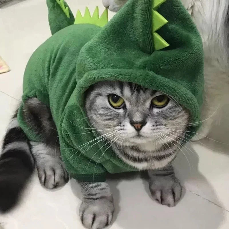 Halloween Pet Hoodie – Dinosaur Cosplay Fleece Sweater for Small Cats