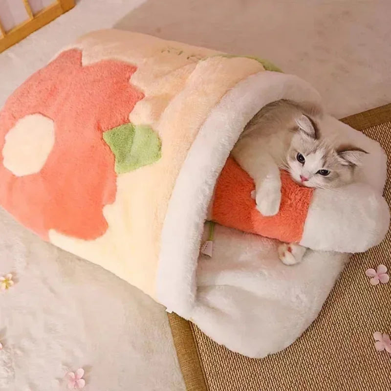 Japanese Sakura Cat Bed – Warm Winter Sleeping Bag with Cushion & Pillow