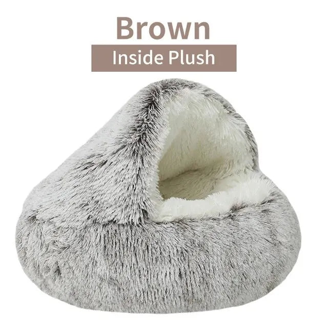 Plush Hooded Pet Bed – Round Fluffy 2-in-1 Nest for Cats