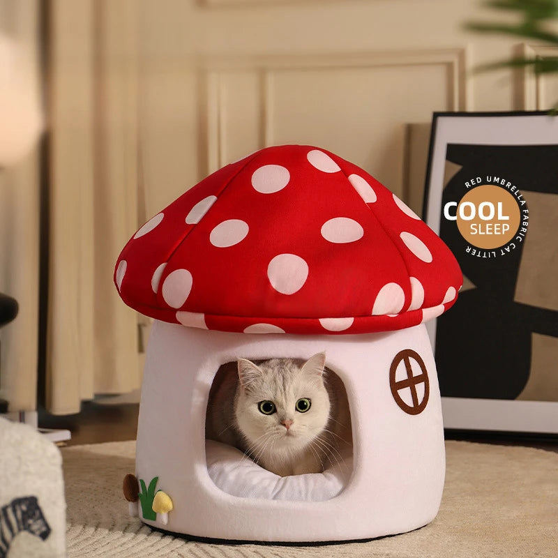 Half-Enclosed Mushroom Cat Bed – Adorable Cozy House for Cats