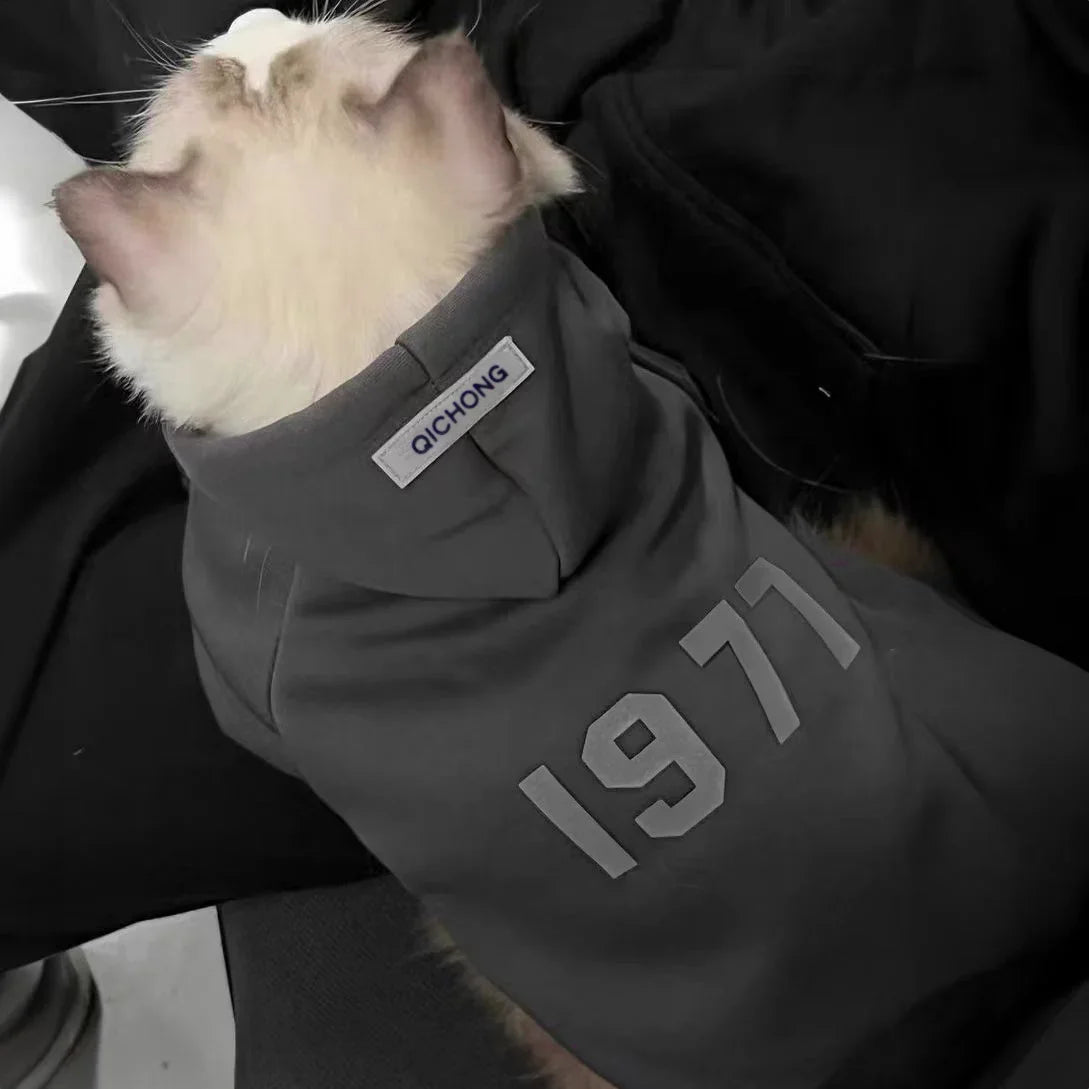 Simple Number Print Pet Hoodie – Solid Color, Thick & Warm for Small Cats