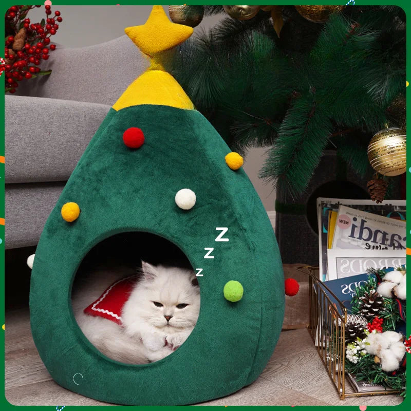 Christmas Tree Pet Bed – Warm Plush Cave Nest for Cats Detachable & Washable