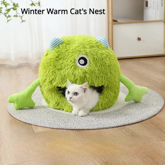 Winter Pet Nest – Plush Semi-Enclosed Frog-Shaped House for Cats