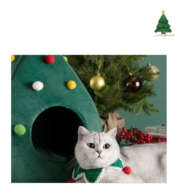 Christmas Tree Pet Bed – Warm Plush Cave Nest for Cats Detachable & Washable