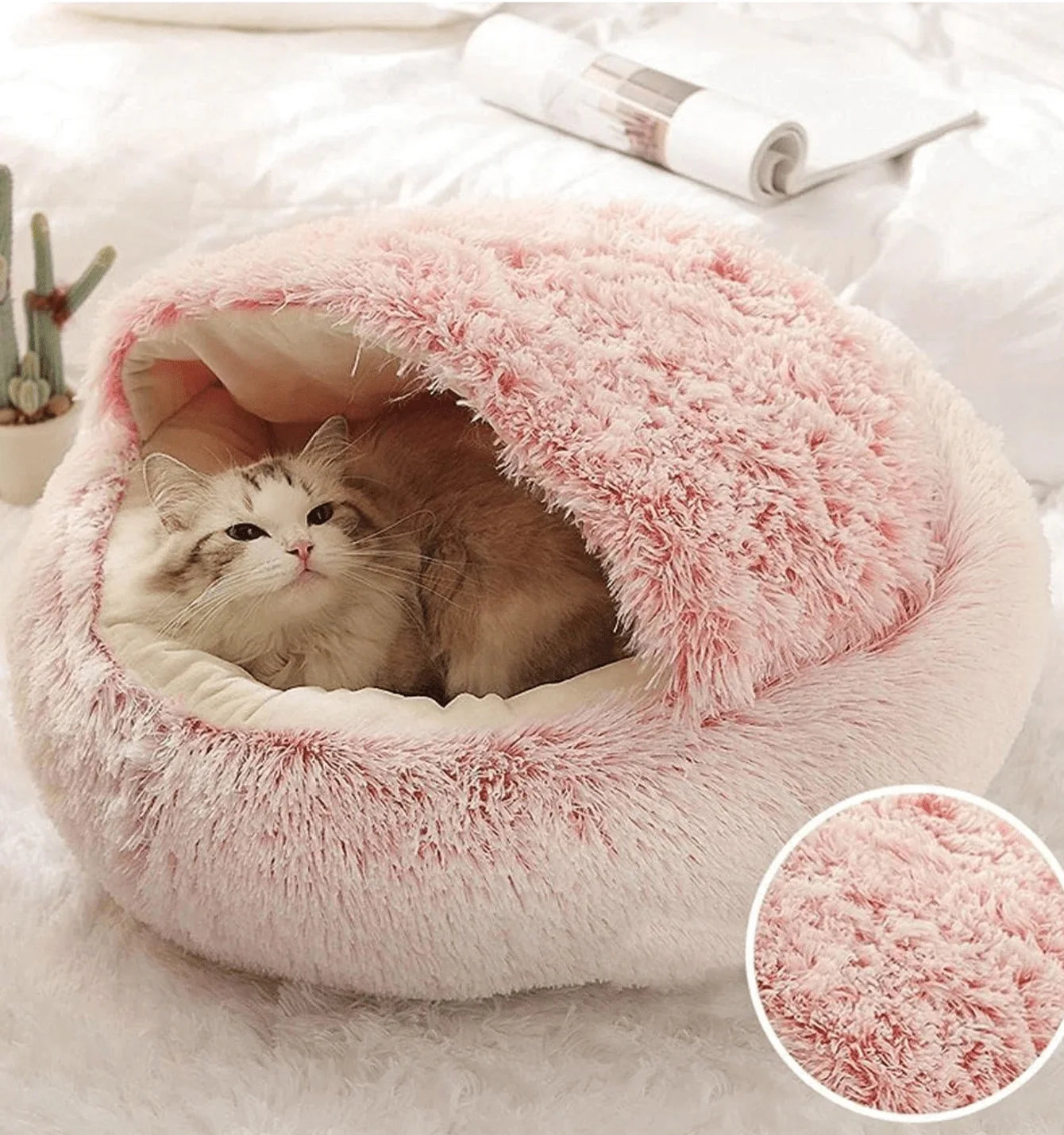 Plush Hooded Pet Bed – Round Fluffy 2-in-1 Nest for Cats