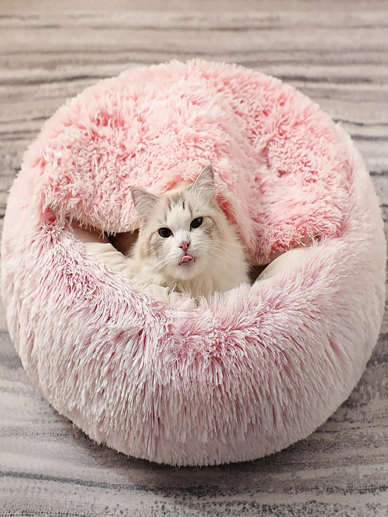 Plush Hooded Pet Bed – Round Fluffy 2-in-1 Nest for Cats