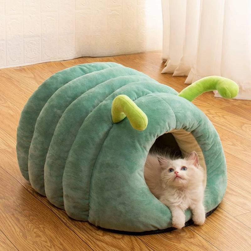 Cute Caterpillar Pet Bed – Warm Plush Foldable Cat  House, Soft and Washable