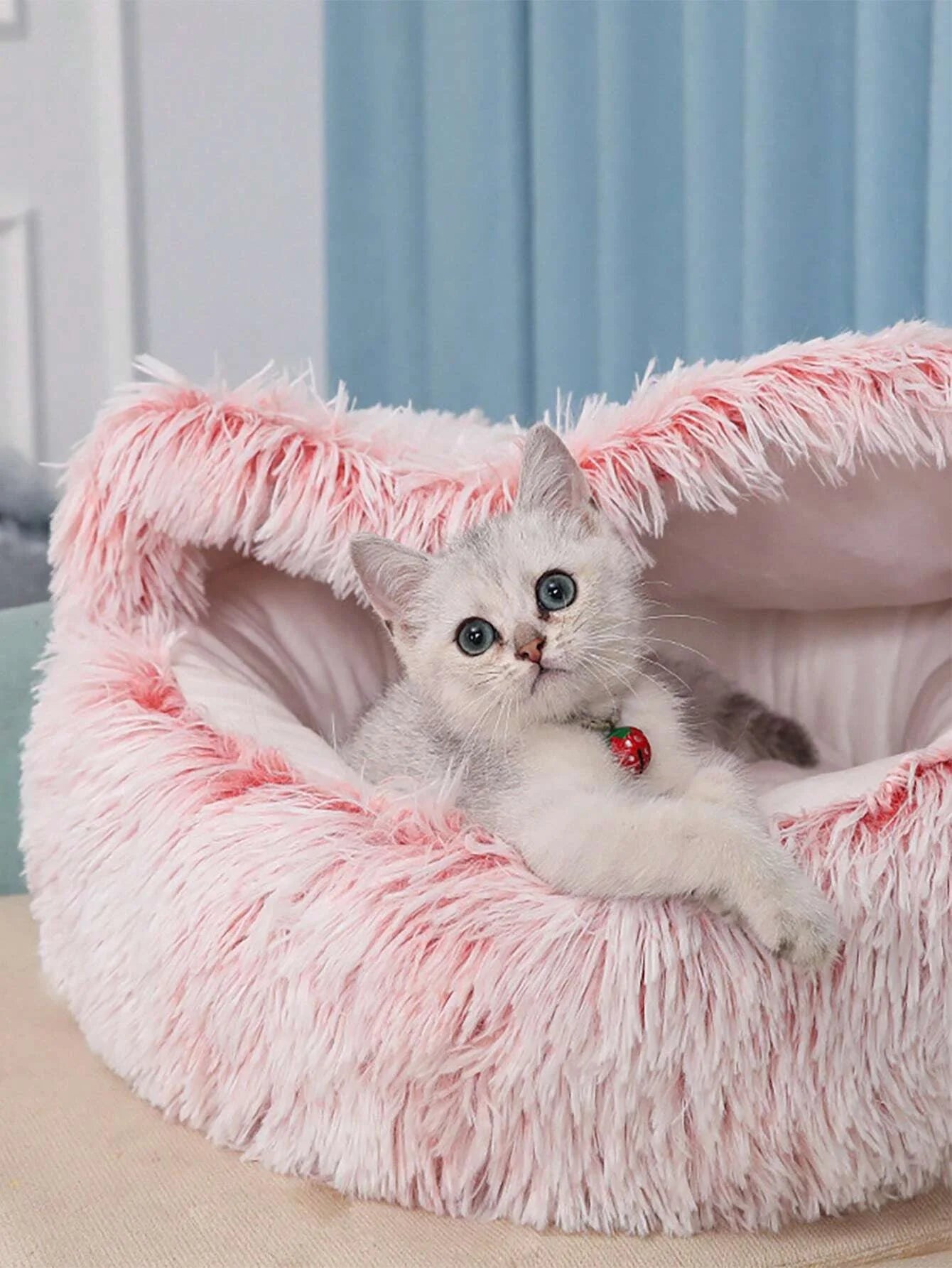 Plush Hooded Pet Bed – Round Fluffy 2-in-1 Nest for Cats