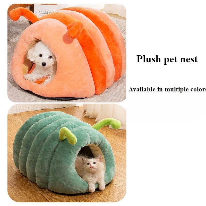 Cute Caterpillar Pet Bed – Warm Plush Foldable Cat  House, Soft and Washable