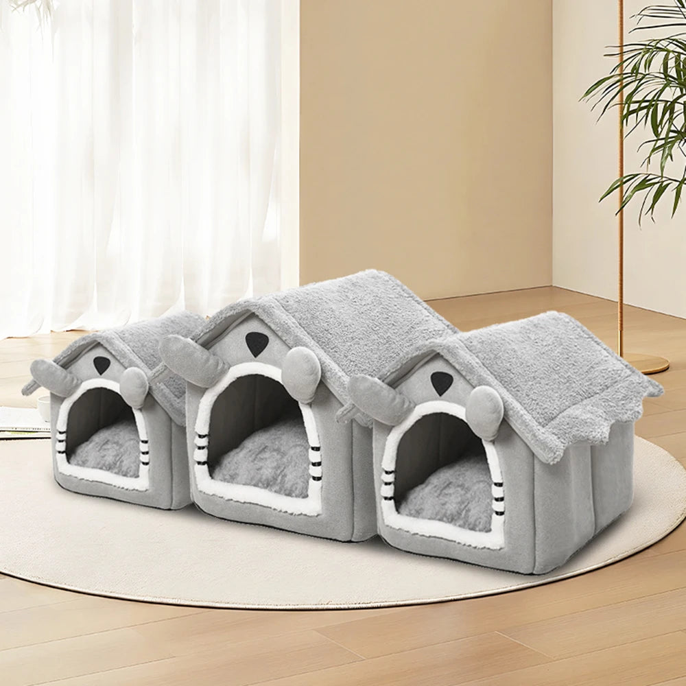 Gray Semi-Enclosed Cat House – Detachable, Washable Four-Season Nest for Small Pets