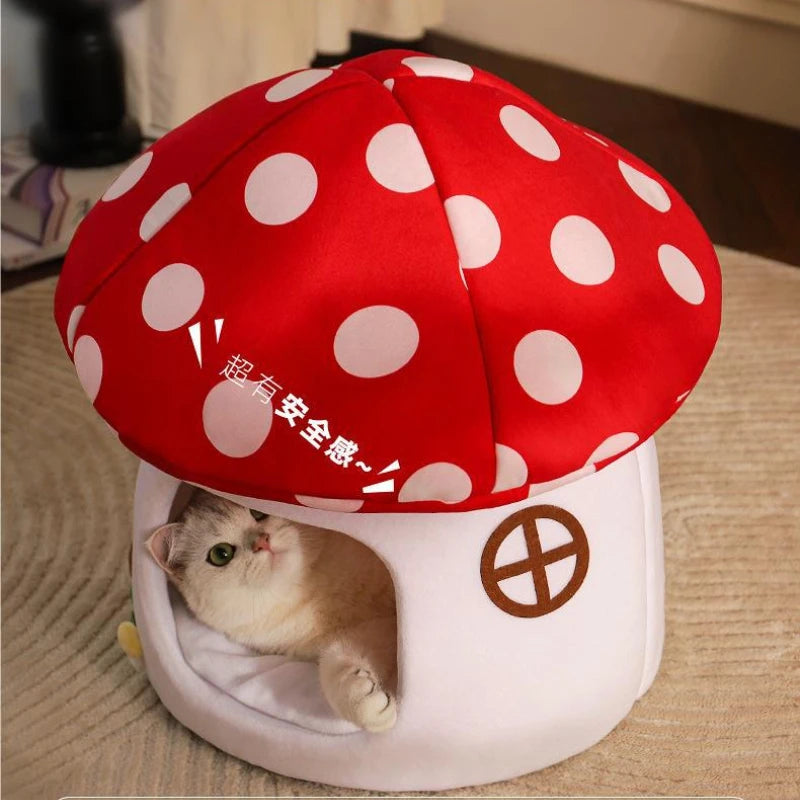 Half-Enclosed Mushroom Cat Bed – Adorable Cozy House for Cats