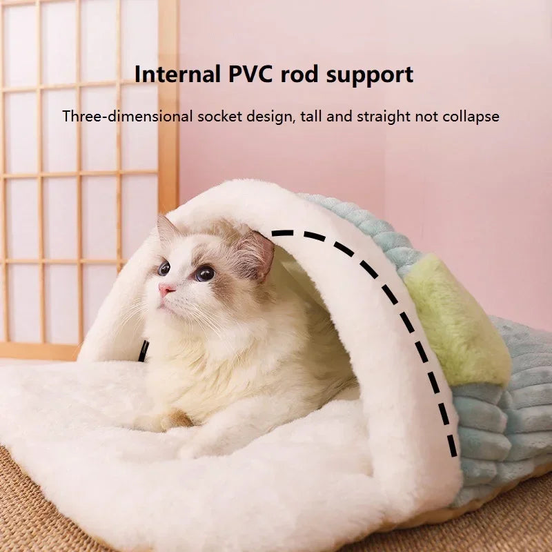 Japanese Sakura Cat Bed – Warm Winter Sleeping Bag with Cushion & Pillow