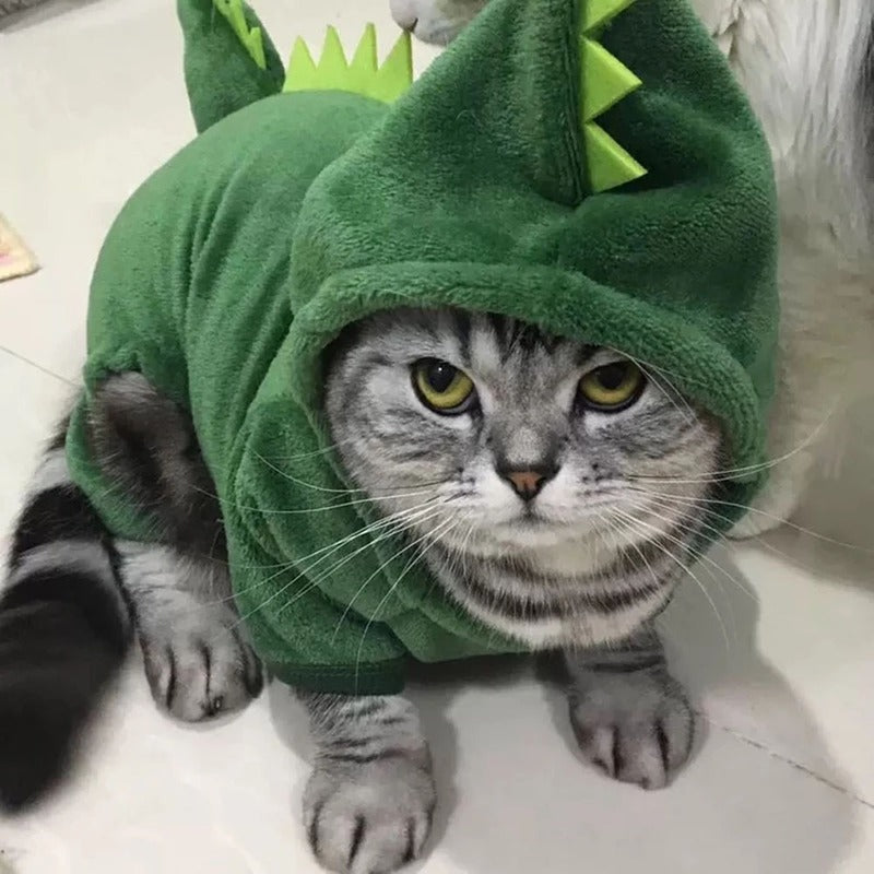 Halloween Pet Hoodie – Dinosaur Cosplay Fleece Sweater for Small Cats
