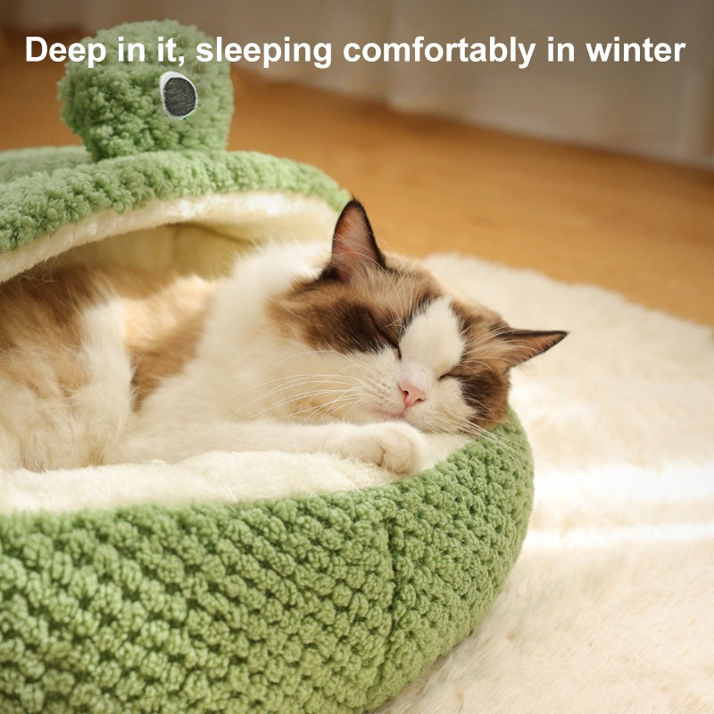 Winter Pet Nest – Plush Semi-Enclosed Frog-Shaped House for Cats