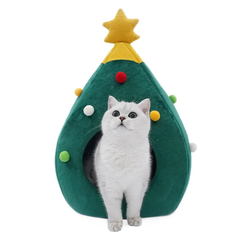 Christmas Tree Pet Bed – Warm Plush Cave Nest for Cats Detachable & Washable