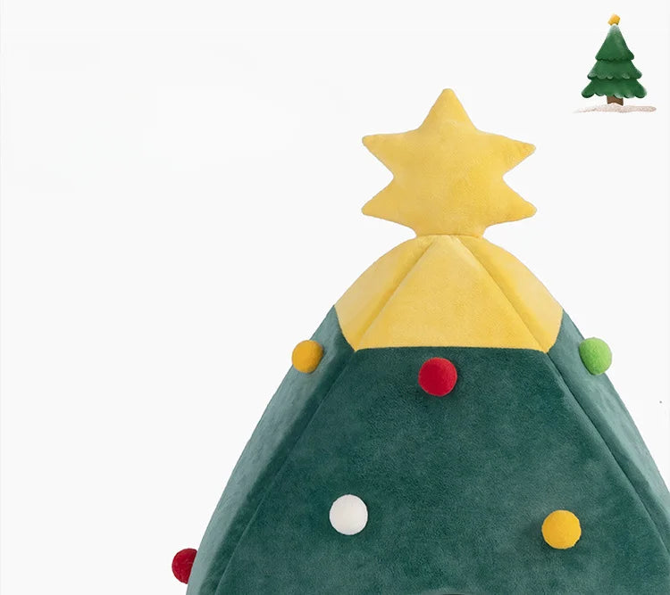 Christmas Tree Pet Bed – Warm Plush Cave Nest for Cats Detachable & Washable
