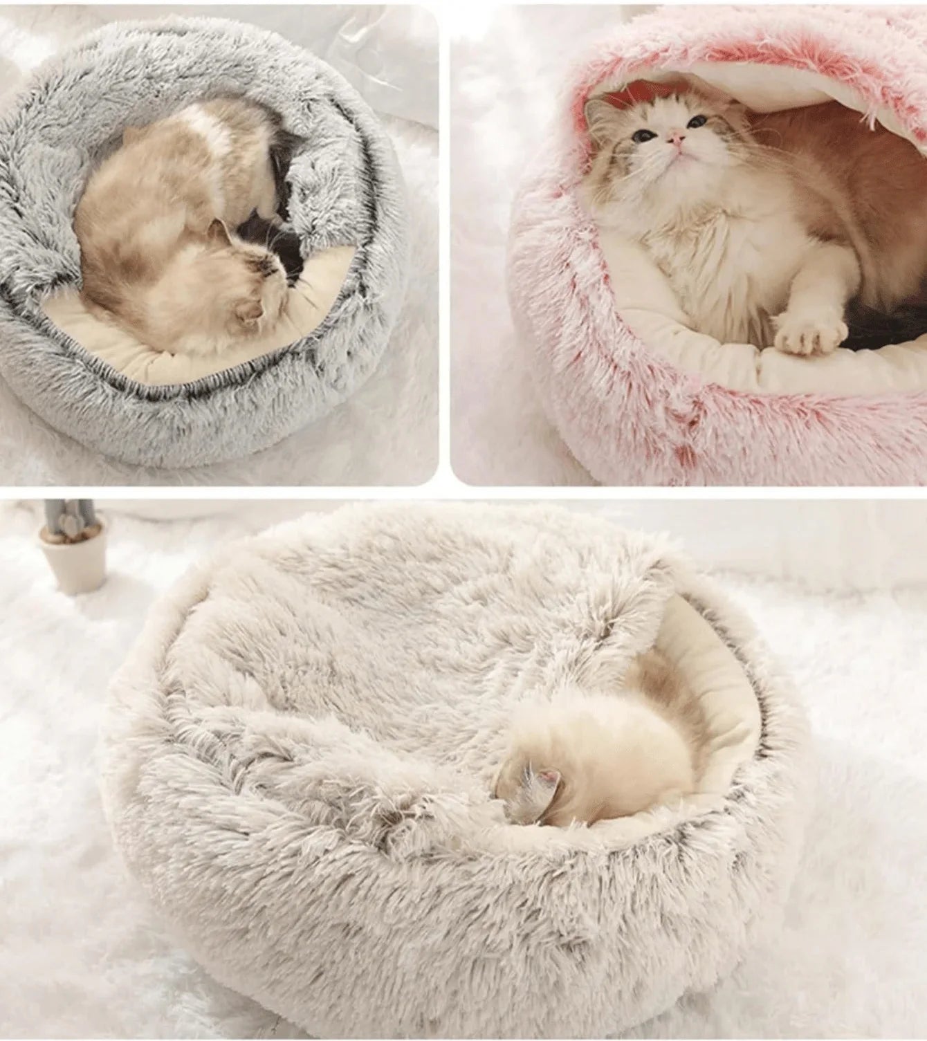 Plush Hooded Pet Bed – Round Fluffy 2-in-1 Nest for Cats