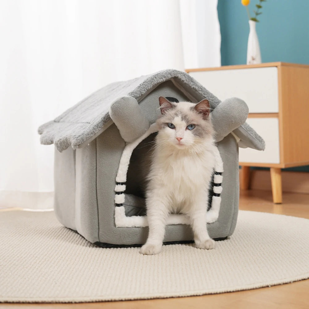 Gray Semi-Enclosed Cat House – Detachable, Washable Four-Season Nest for Small Pets