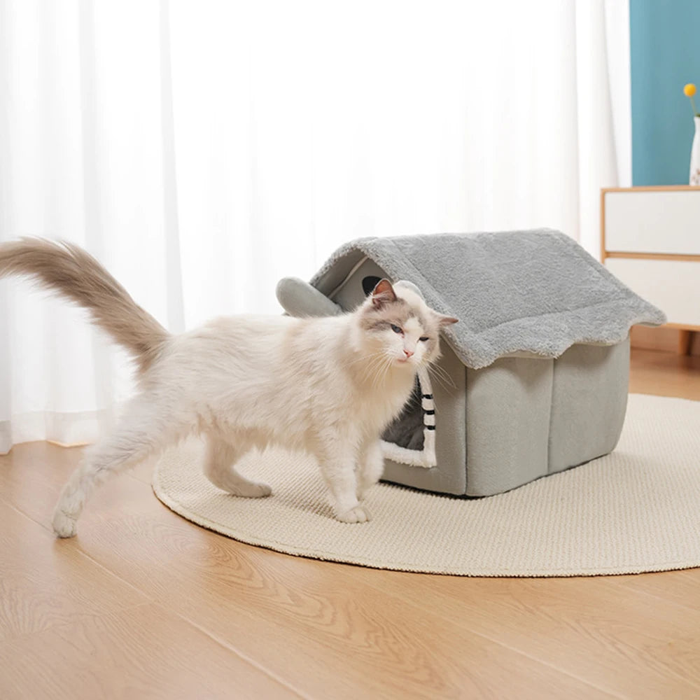 Gray Semi-Enclosed Cat House – Detachable, Washable Four-Season Nest for Small Pets