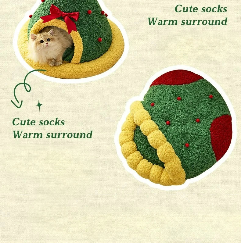 Christmas Pet Bed – Warm Semi-Enclosed Cat House, Non-Collapsible Design
