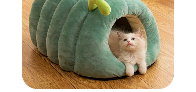 Cute Caterpillar Pet Bed – Warm Plush Foldable Cat  House, Soft and Washable