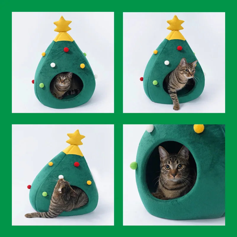 Christmas Tree Pet Bed – Warm Plush Cave Nest for Cats Detachable & Washable