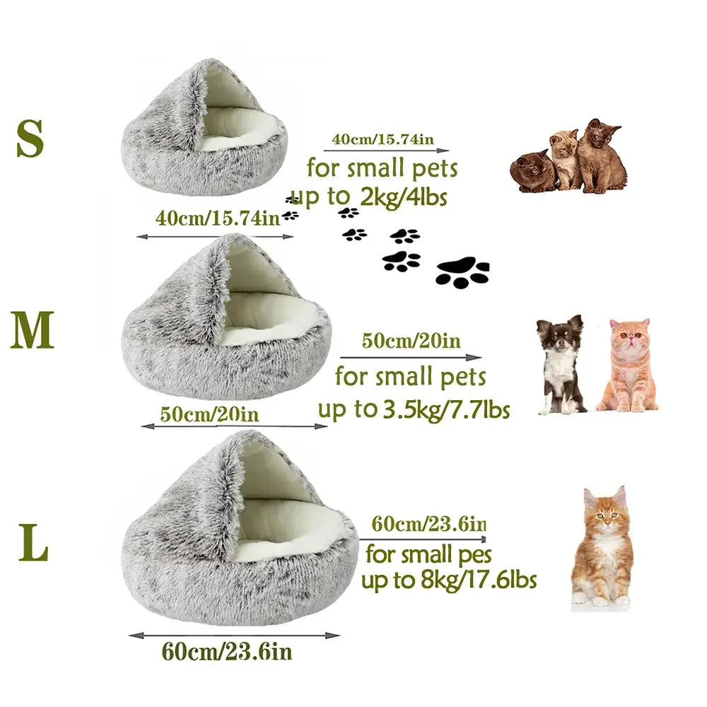 Plush Hooded Pet Bed – Round Fluffy 2-in-1 Nest for Cats