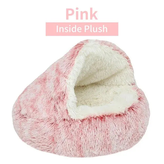 Plush Hooded Pet Bed – Round Fluffy 2-in-1 Nest for Cats
