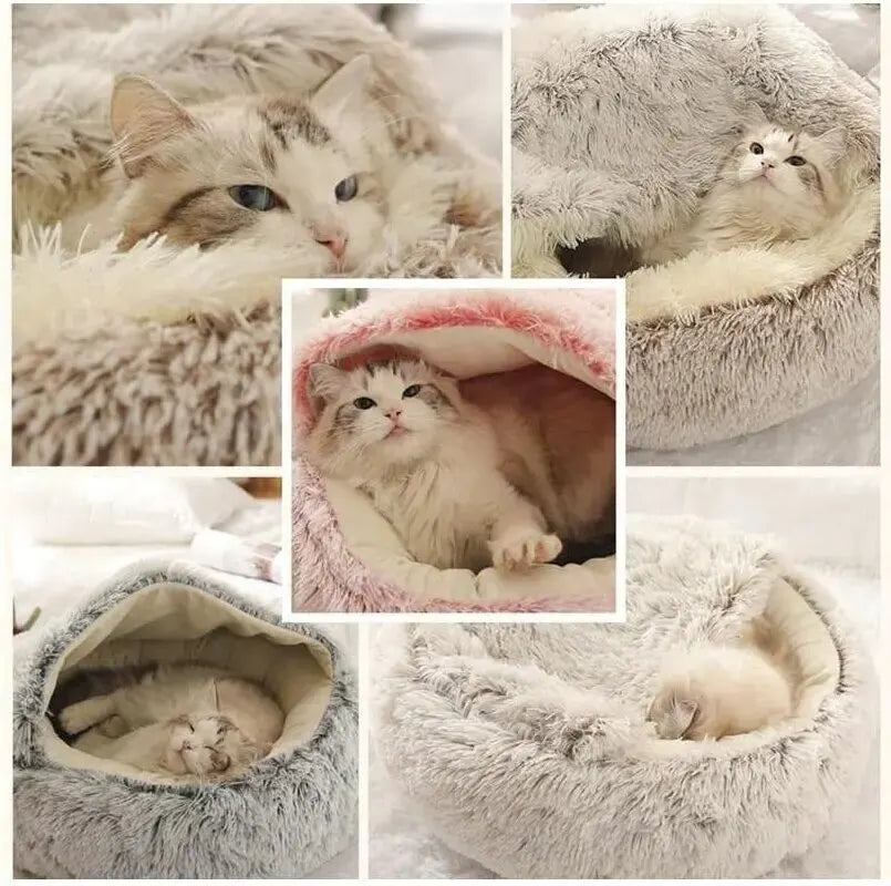 Plush Hooded Pet Bed – Round Fluffy 2-in-1 Nest for Cats