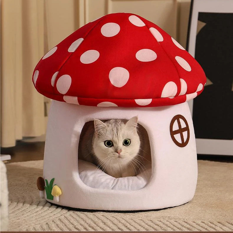 Half-Enclosed Mushroom Cat Bed – Adorable Cozy House for Cats