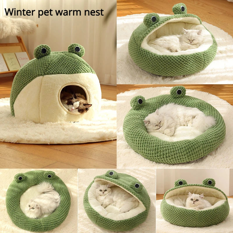 Winter Pet Nest – Plush Semi-Enclosed Frog-Shaped House for Cats