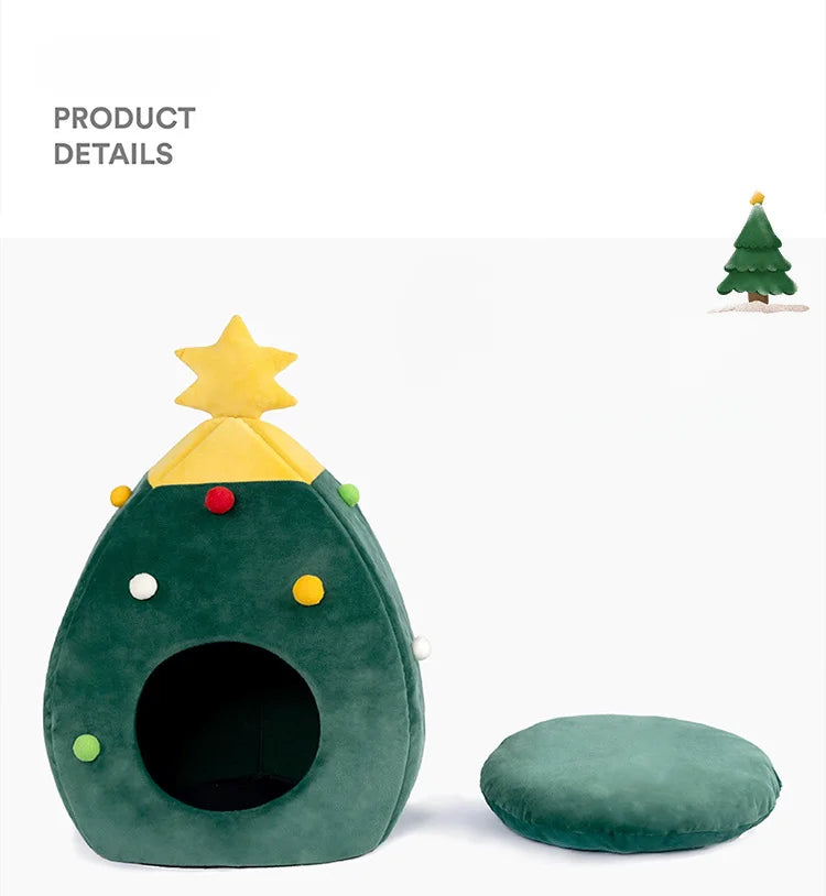 Christmas Tree Pet Bed – Warm Plush Cave Nest for Cats Detachable & Washable