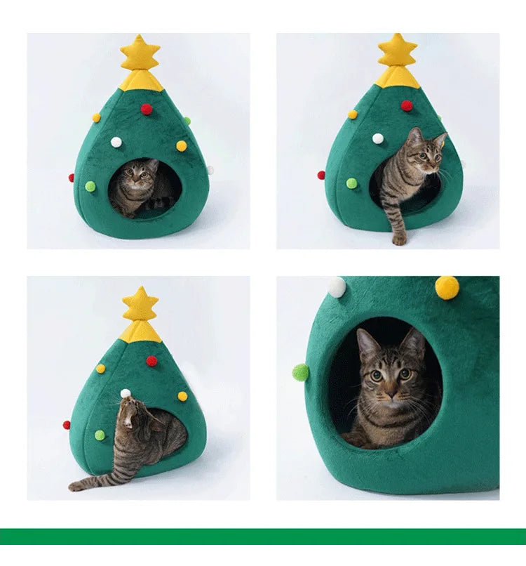 Christmas Tree Pet Bed – Warm Plush Cave Nest for Cats Detachable & Washable