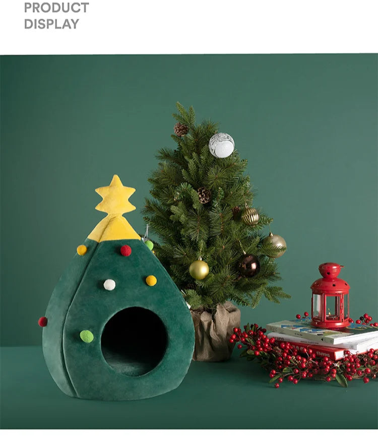 Christmas Tree Pet Bed – Warm Plush Cave Nest for Cats Detachable & Washable