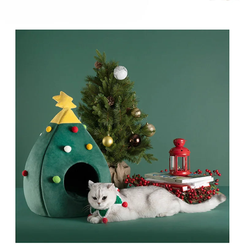 Christmas Tree Pet Bed – Warm Plush Cave Nest for Cats Detachable & Washable