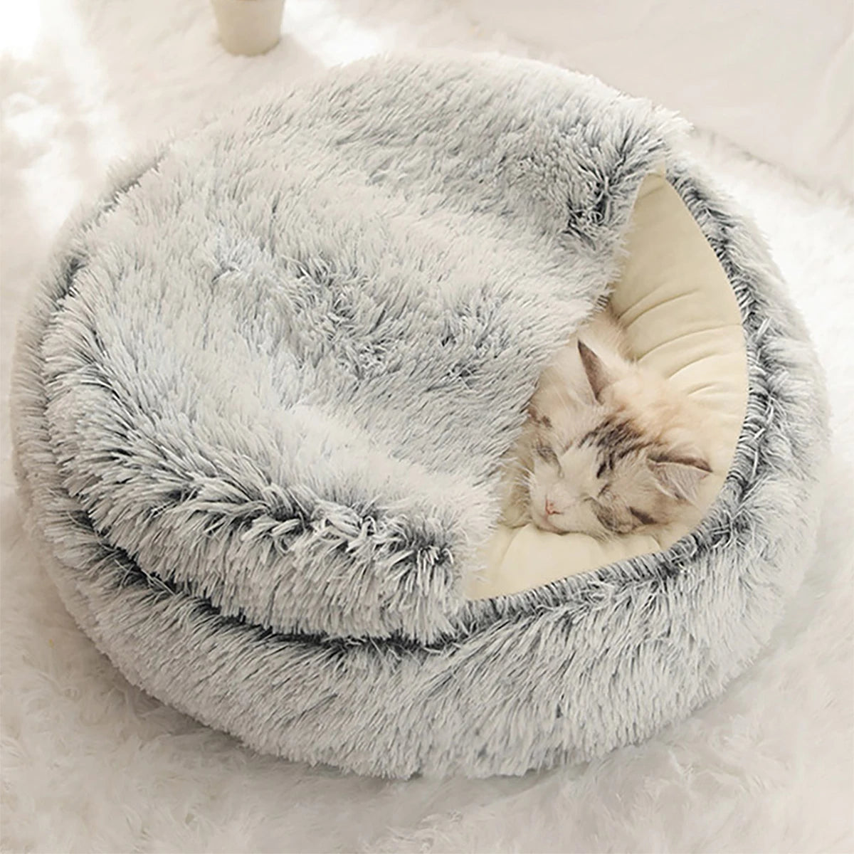 Plush Hooded Pet Bed – Round Fluffy 2-in-1 Nest for Cats