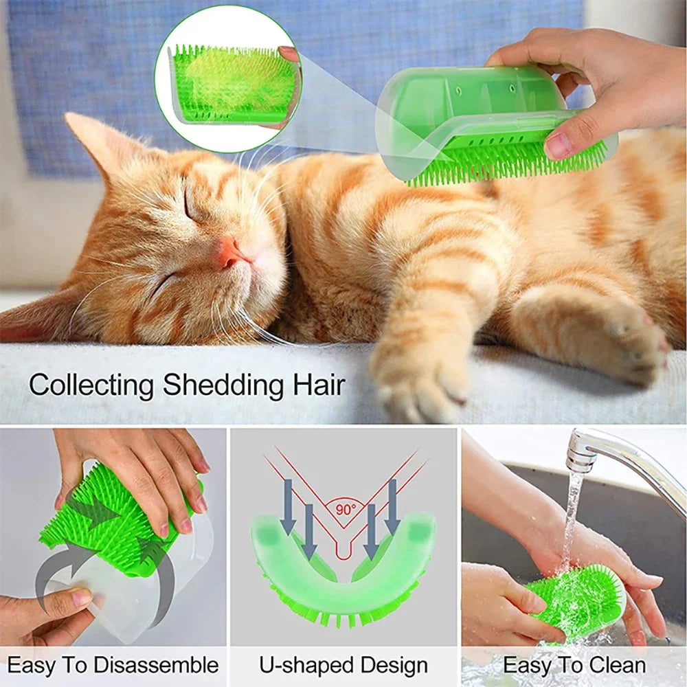 Cat Corner Grooming Brush – Self-Cleaning Hair Removal Comb with Catnip