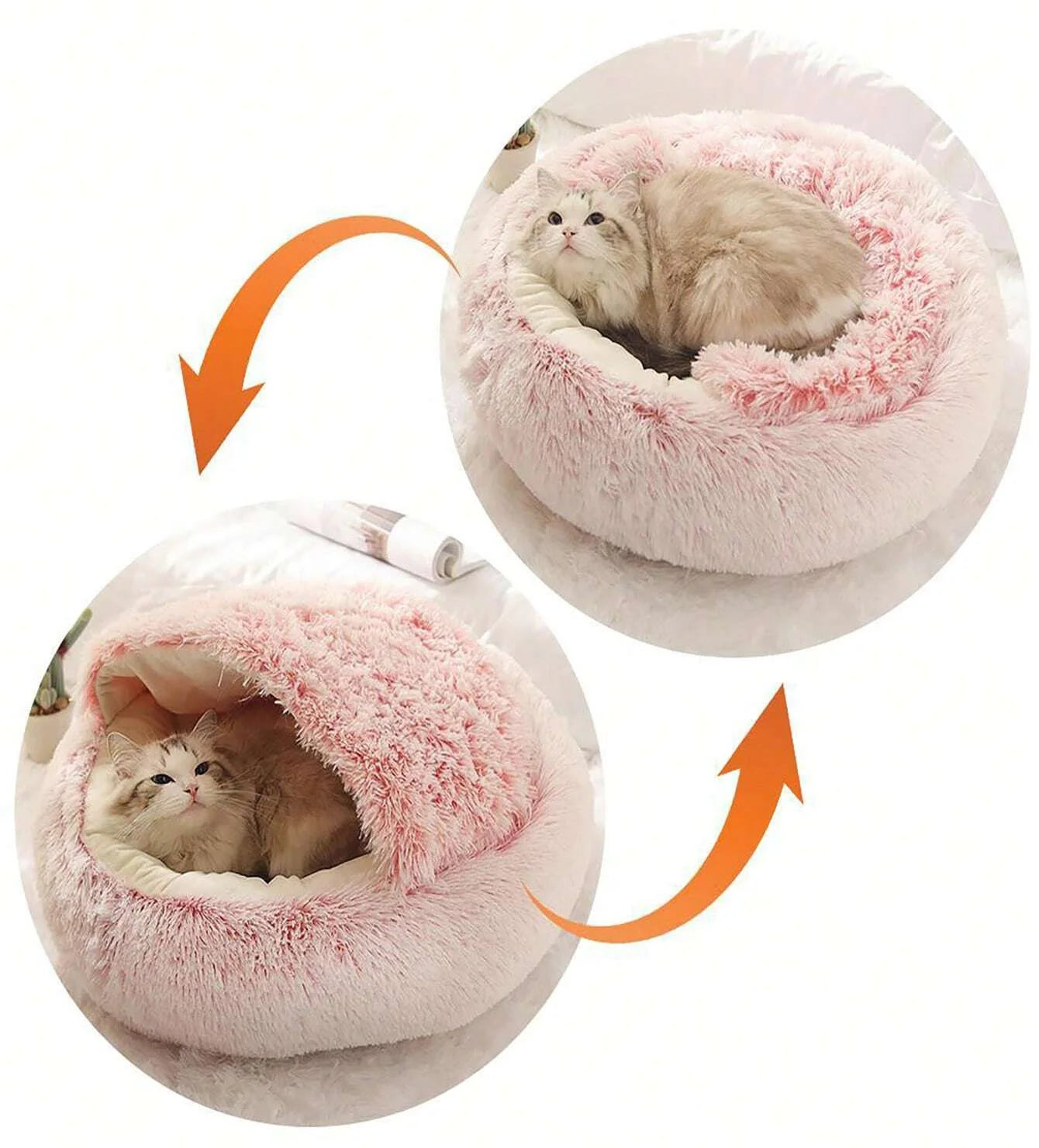 Plush Hooded Pet Bed – Round Fluffy 2-in-1 Nest for Cats