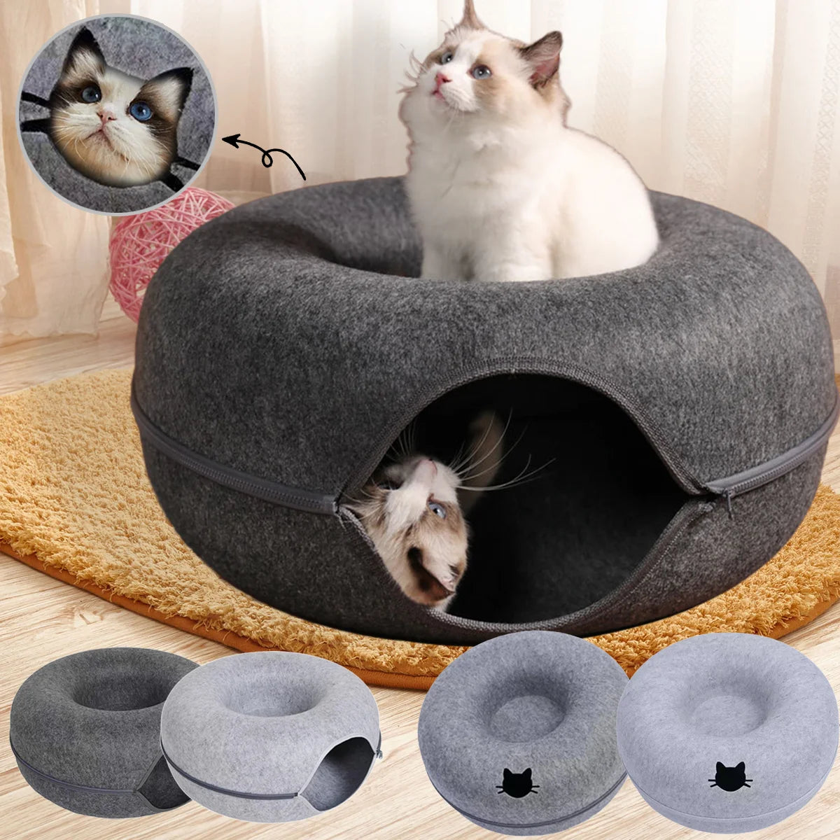 Felt Donut Cat Bed – 2-in-1 Hide & Play Tunnel for Cats