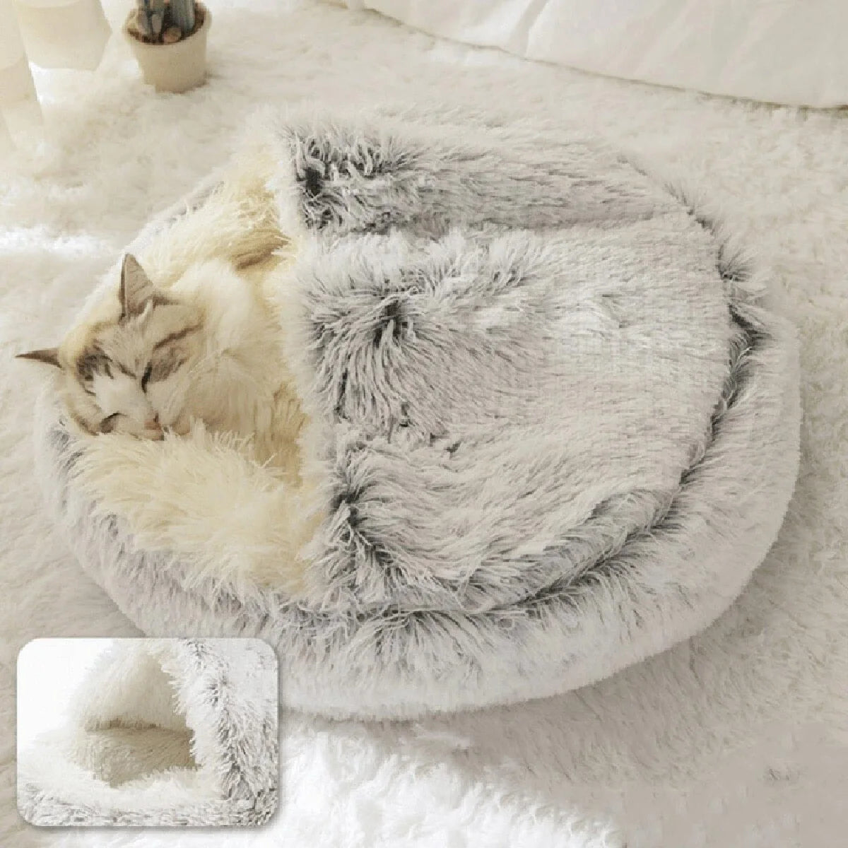 Plush Hooded Pet Bed – Round Fluffy 2-in-1 Nest for Cats